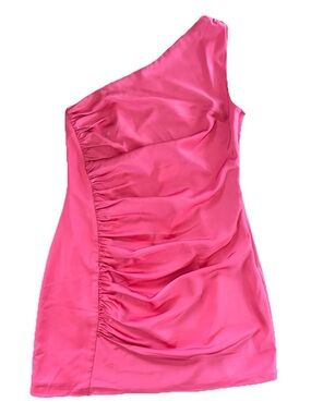 NBD Revolve Medium Ruched One Shoulder Satin Mini Dress Pink